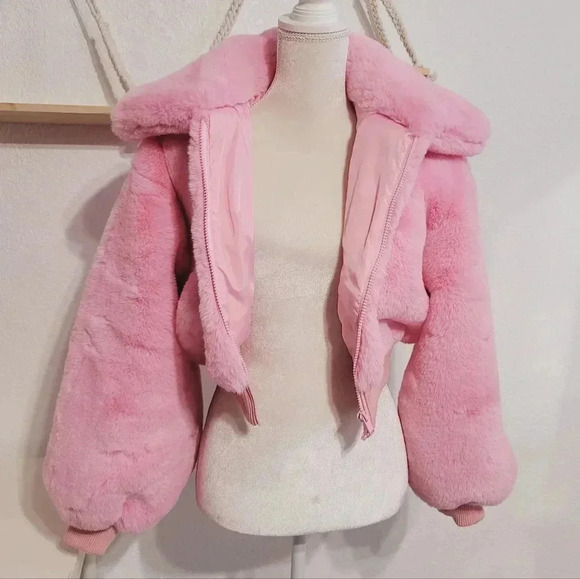 Faux Fur Cropped Bomber Jacket Pink Fluffy Coat Warm Winter Outerwear - Picture 7 of 9